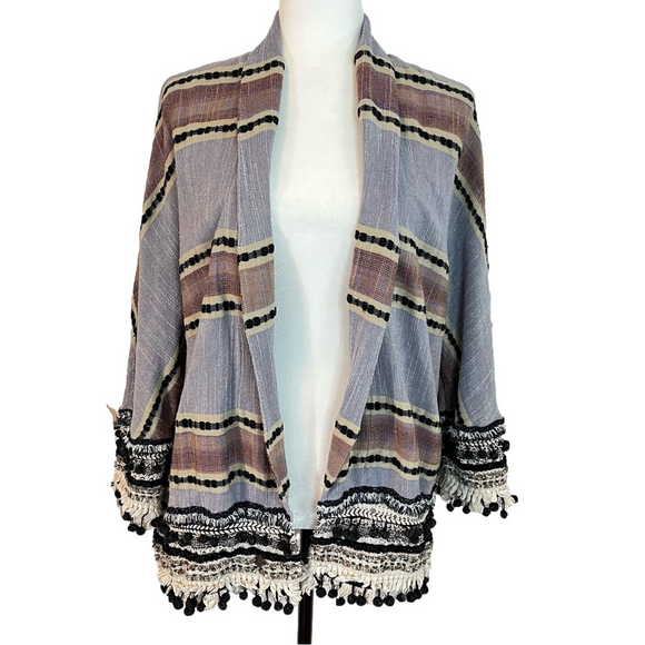 Zara Other - Zara Woman Kimono Poncho Oversized Coverup Stripe Pom Pom Fringe M Boho Swim